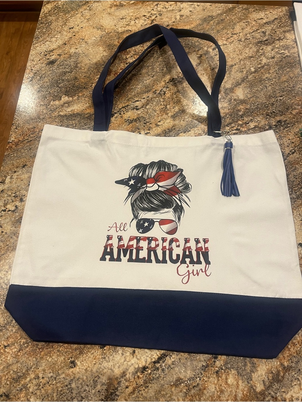 All American Girl Canvas Tote Bag - White and Navy